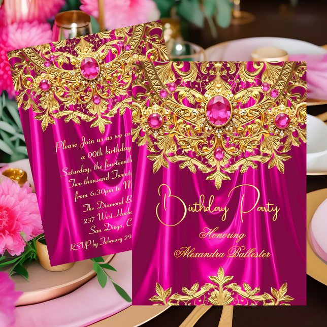 Invitación Elegant Hot Pink gems Gold Lace Damask Birthday (Subido por el creador)