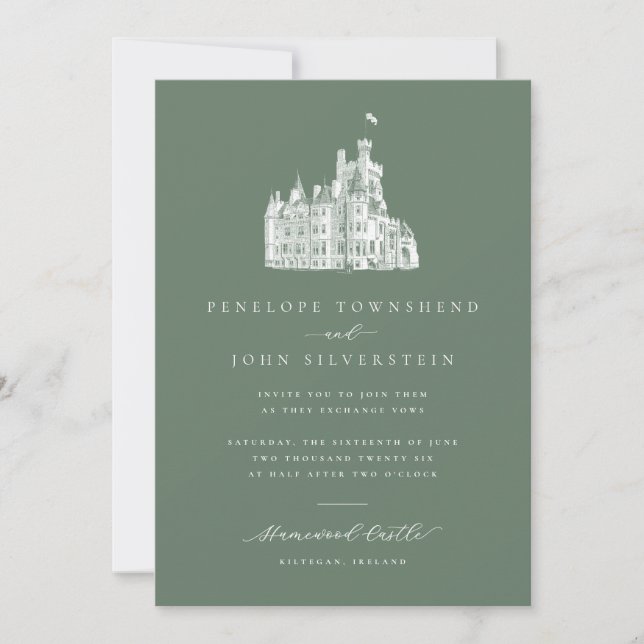 Invitación Elegant Illustration Sage Green Castle Wedding (Anverso)