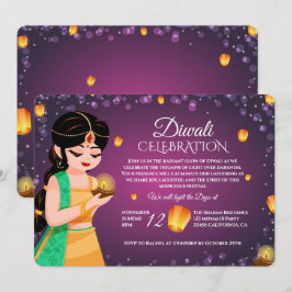 Invitación Elegant Indian Girl Floating Lantern Purple Diwali