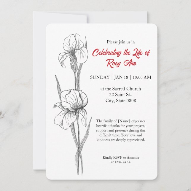 Invitación Elegant Iris "Celebrating the Life" Funeral (Anverso)