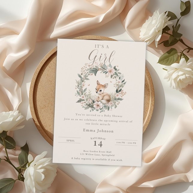 Invitación Elegant It’s a Girl Baby Shower Floral Deer (Subido por el creador)