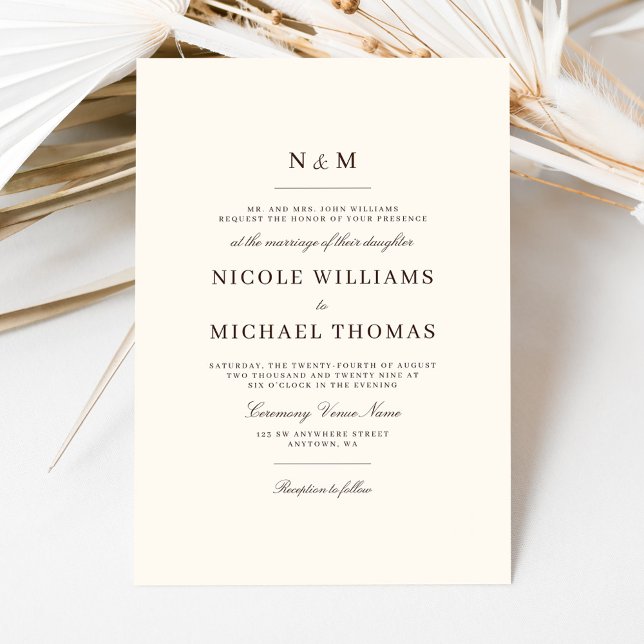 Invitación Elegant Ivory and Brown Monogram Classic Wedding (Subido por el creador)