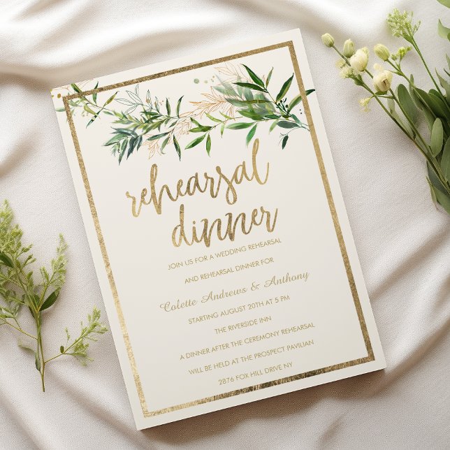 Invitación Elegant ivory green gold foliage Rehearsal Dinner (Elegant ivory green gold foliage Rehearsal Dinner)