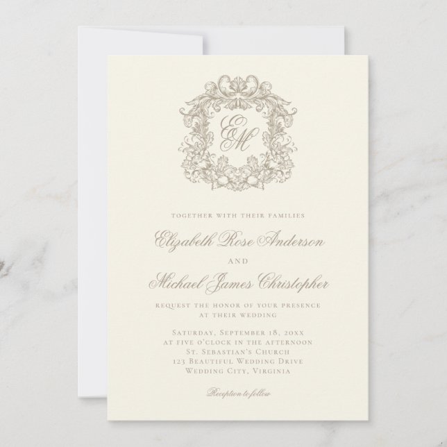 Invitación Elegant Ivory Monogram Crest Wedding (Anverso)