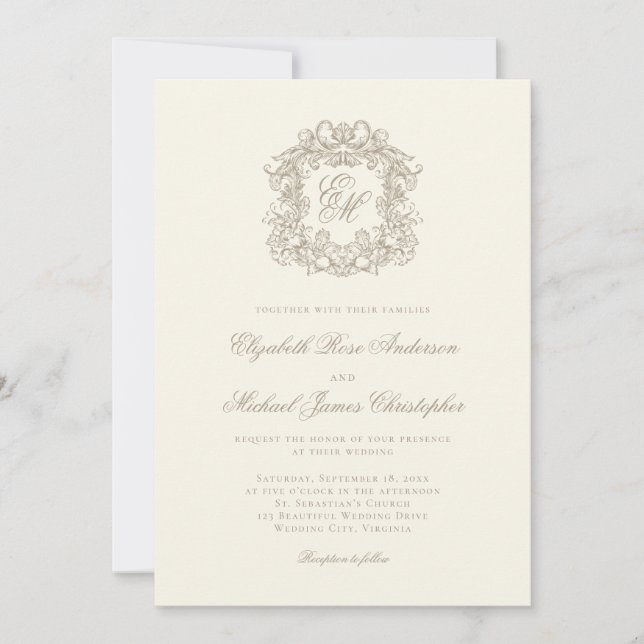 Invitación Elegant Ivory Ornate Monogram Crest Wedding (Anverso)
