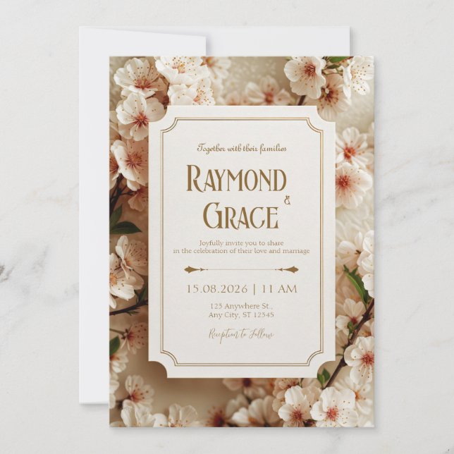 Invitación Elegant Ivory Sakura Floral Gilded Ticket Wedding (Anverso)