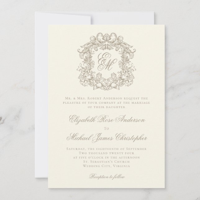 Invitación Elegant Ivory Vintage Crest Monogram Wedding (Anverso)