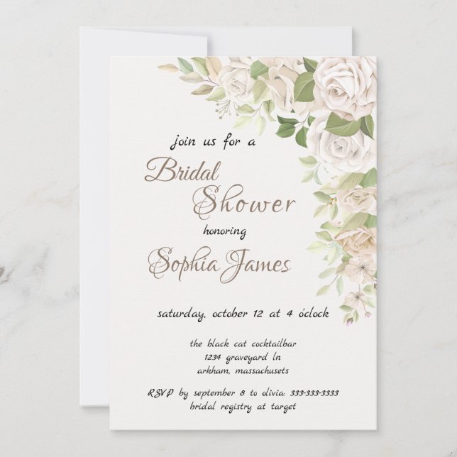 Invitación elegant Ivory White Roses Bridal Shower  (Anverso)