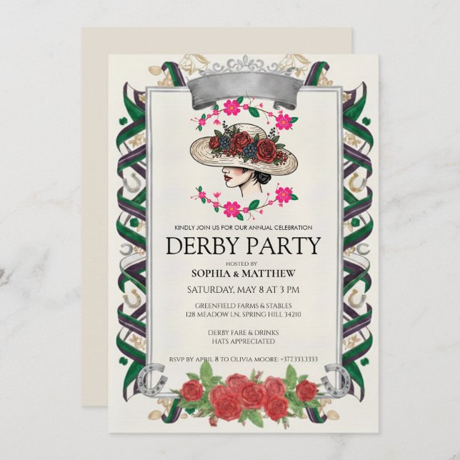 Invitación Elegant Kentucky Derby Party Floral Invitation (Anverso / Reverso)