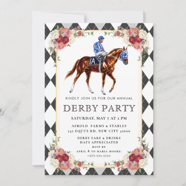 Invitación Elegant Kentucky Derby Party Invitation with Horse (Anverso)