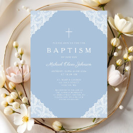 Invitación Elegant Lace Blue Baby Boy Baptism
