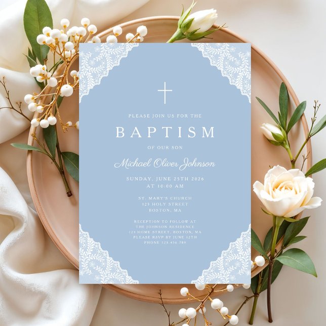 Invitación Elegant Lace Blue Baby Boy Baptism (Elegant Lace Navy Blue Baby Boy Baptism Invitation)