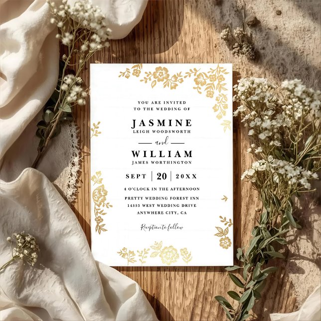Invitación Elegant Lace Floral Rustic Gold QR Code Wedding (Subido por el creador)