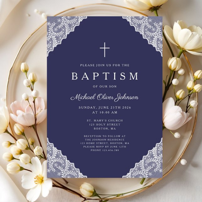 Invitación Elegant Lace Navy Blue Baby Boy Baptism (Elegant Lace Navy Blue Baby Boy Baptism Invitation)