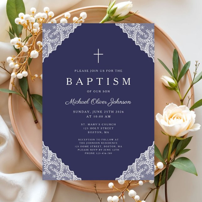 Invitación Elegant Lace Navy Blue Baby Boy Baptism (Elegant Lace Navy Blue Baby Boy Baptism Invitation)