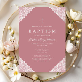 Invitación Elegant Lace Pink Baby Girl Baptism