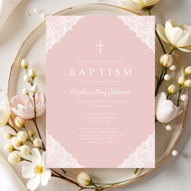 Invitación Elegant Lace Pink Baby Girl Baptism (Elegant Lace Pink Baby Girl Baptism Invitation)