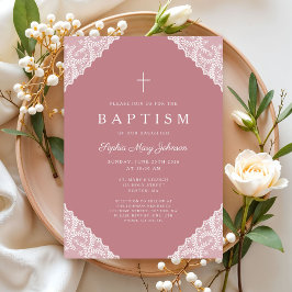 Invitación Elegant Lace Pink Baby Girl Baptism