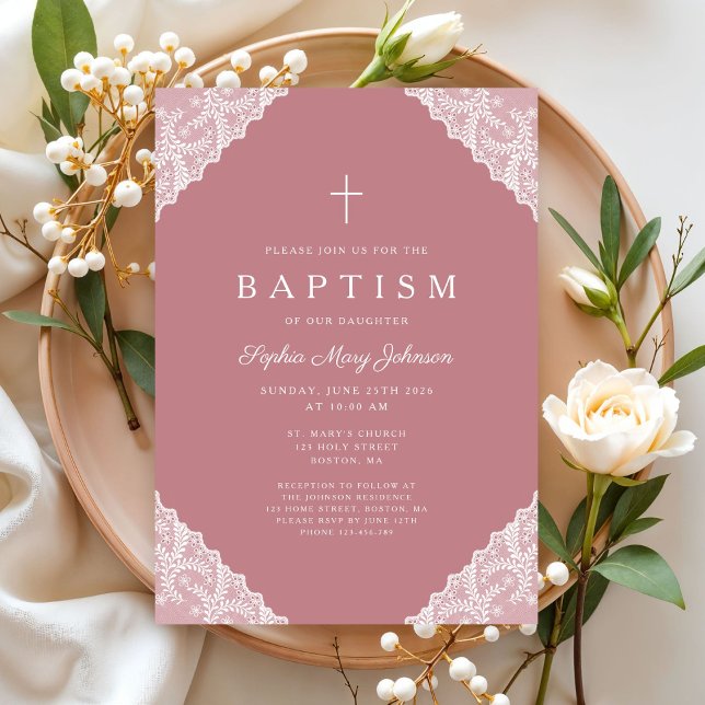 Invitación Elegant Lace Pink Baby Girl Baptism (Elegant Lace Pink Baby Girl Baptism Invitation)