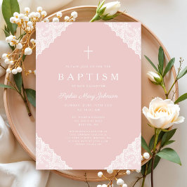 Invitación Elegant Lace Pink Baby Girl Baptism