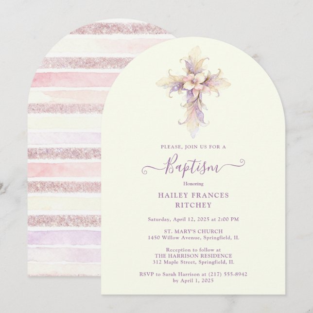 Invitación Elegant Lavender Blooms Cross Christian Baptism (Anverso / Reverso)
