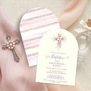 Invitación Elegant Lavender Blooms Cross Christian Baptism