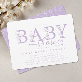 Invitación Elegant Lavender Floral Baby Shower Typography
