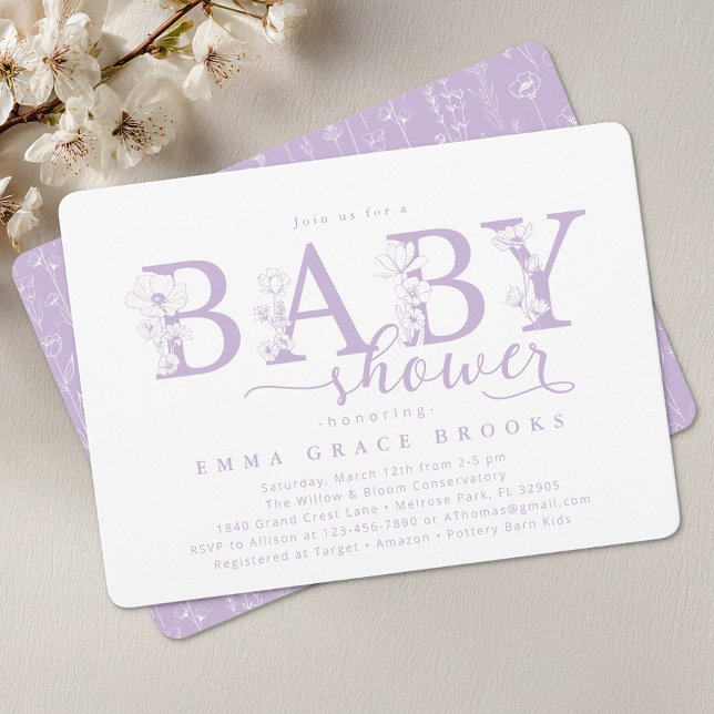 Invitación Elegant Lavender Floral Baby Shower Typography (Lavender Baby Shower Invite)