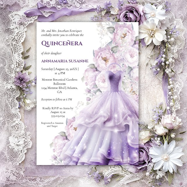 Invitación Elegant Lavender Floral Quinceañera Ball Gown |  (Subido por el creador)