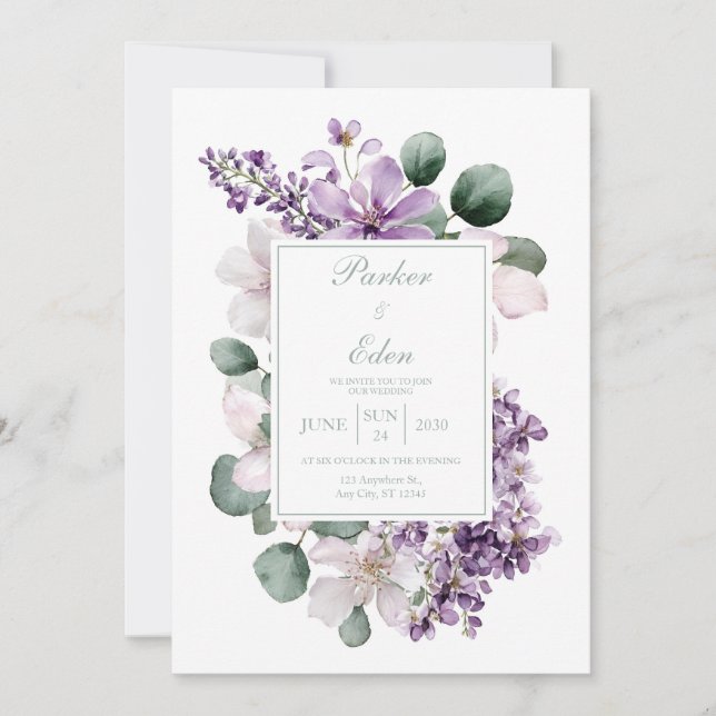 Invitación Elegant Lavender Lilac Eucalyptus Watercolor (Anverso)