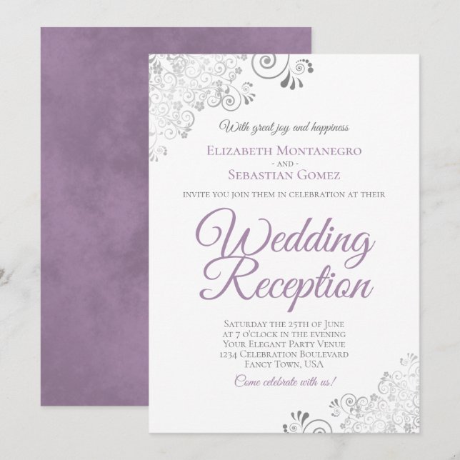 Invitación Elegant Lavender Purple & Silver Wedding Reception (Anverso / Reverso)
