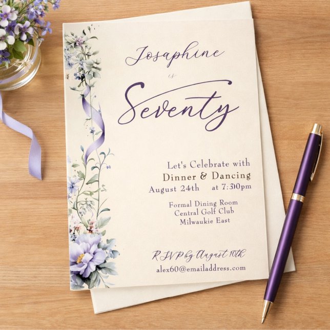 Invitación Elegant Lavender Wildflower Script 70th Birthday (Subido por el creador)