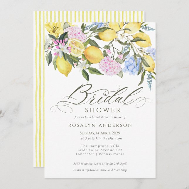 Invitación Elegant Lemon Floral Citrus Bridal Shower (Anverso / Reverso)
