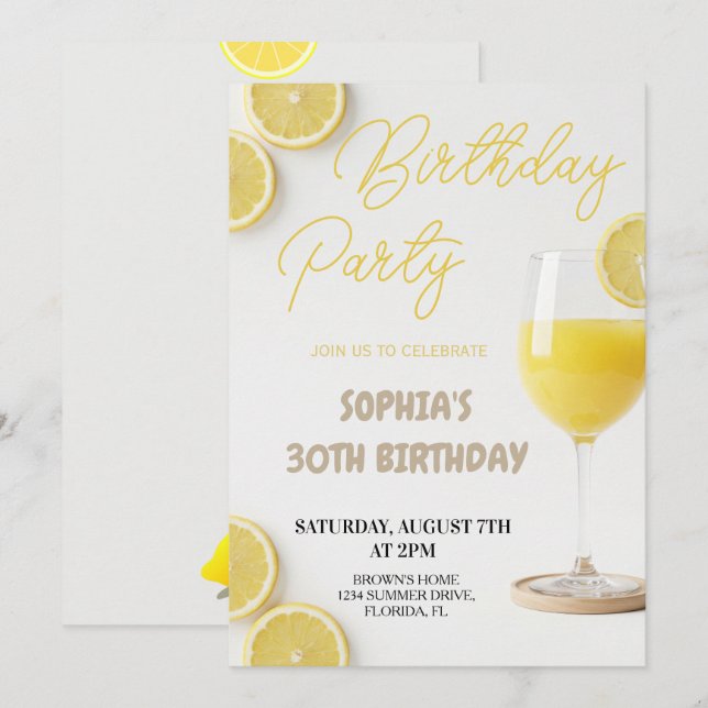 Invitación Elegant Lemon-Inspired Birthday (Anverso / Reverso)