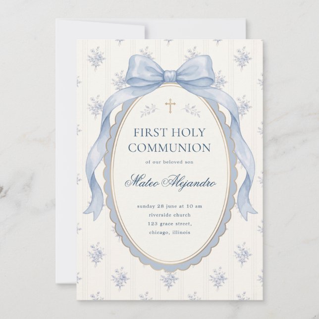 Invitación Elegant Light Blue Coquette Bow Floral First Holy  (Anverso)