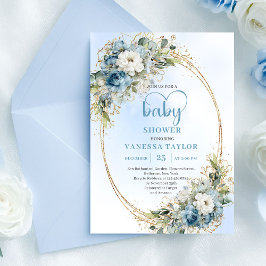 Invitación Elegant Light Blue Floral Eucalyptus Gold Shower 
