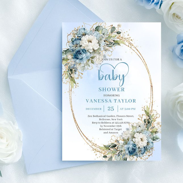 Invitación Elegant Light Blue Floral Eucalyptus Gold Shower  (Elegant Light Blue Floral Eucalyptus Gold Shower Card

)