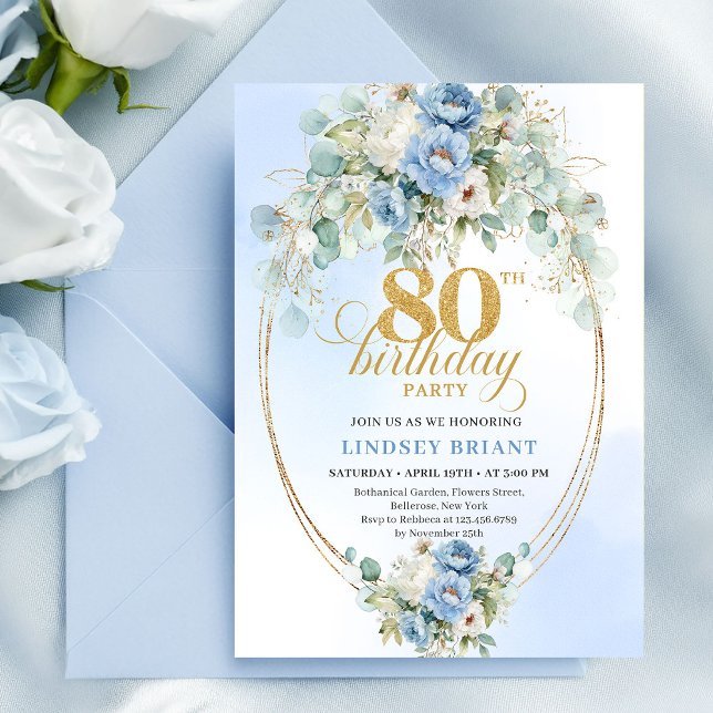 Invitación Elegant Light Blue Peony Floral Gold 80th Birthday (Elegant Light Blue Peony Floral Gold 80th Birthday Invite)