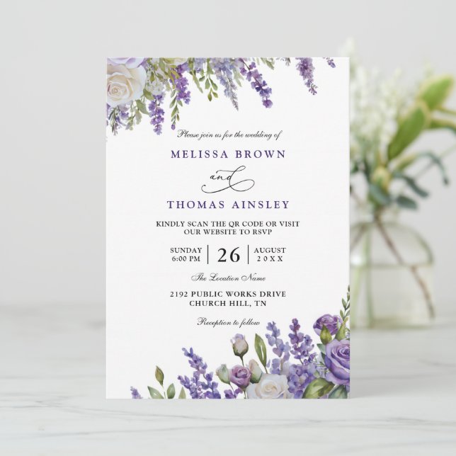 Invitación Elegant Light Purple Lavender QR Code Wedding (Anverso de pie)
