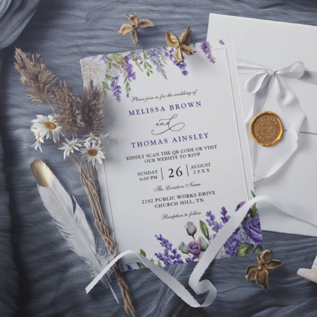 Invitación Elegant Light Purple Lavender QR Code Wedding (Subido por el creador)