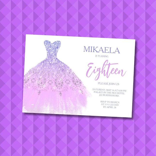 Invitación Elegant Lila Gown Glitter 18th Birthday Invitation (Subido por el creador)