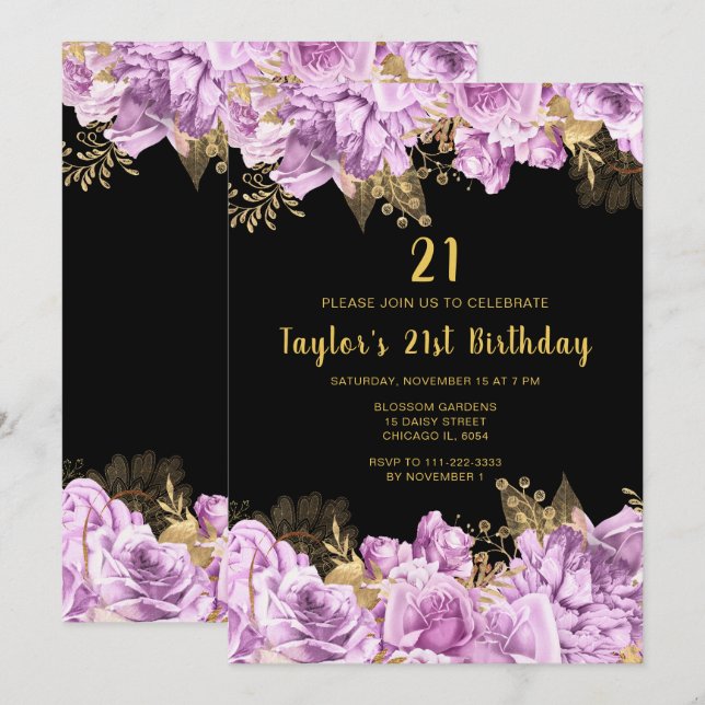 Invitación Elegant Lilac and Gold Flowers Birthday Party (Anverso / Reverso)