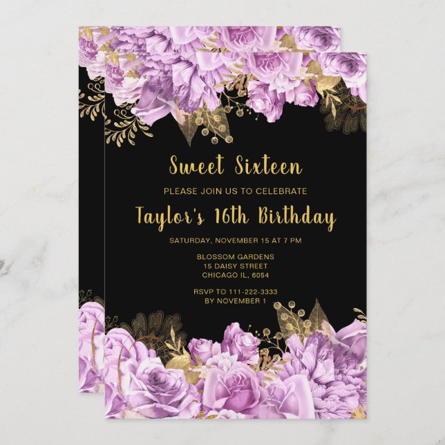 Invitación Elegant Lilac and Gold Flowers Sweet Sixteen (Anverso / Reverso)