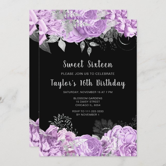 Invitación Elegant Lilac and Silver Flowers Sweet Sixteen (Anverso / Reverso)