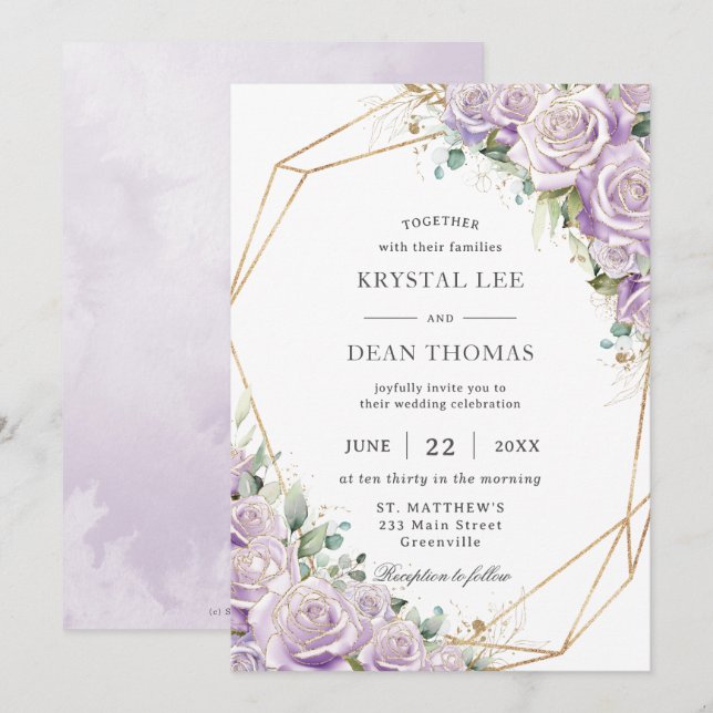 Invitación Elegant Lilac Purple Floral Gold Geometric Wedding (Anverso / Reverso)