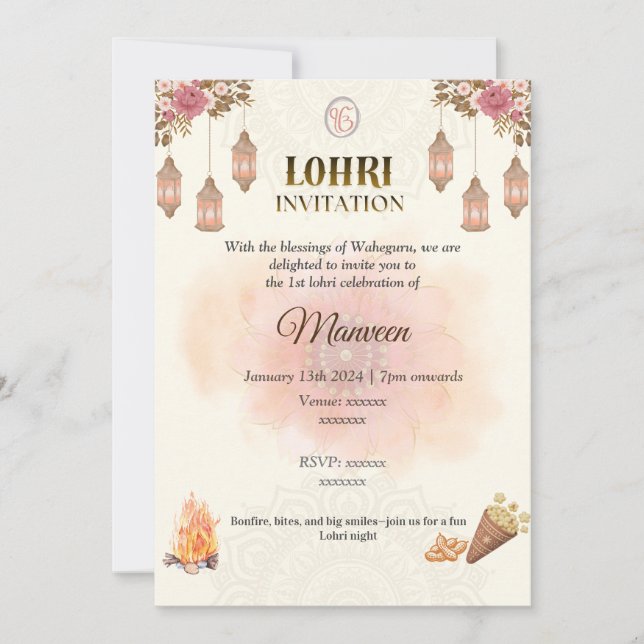 Invitación Elegant Lohri Invitation- Pastel, Minimalistic (Anverso)