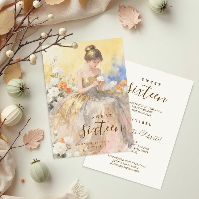 Invitación Elegant & Lovely Floral Sweet Sixteen Birthday  (Delicate Pastel Watercolor Young Woman in Golden and Gray Strapless Dress Card.)