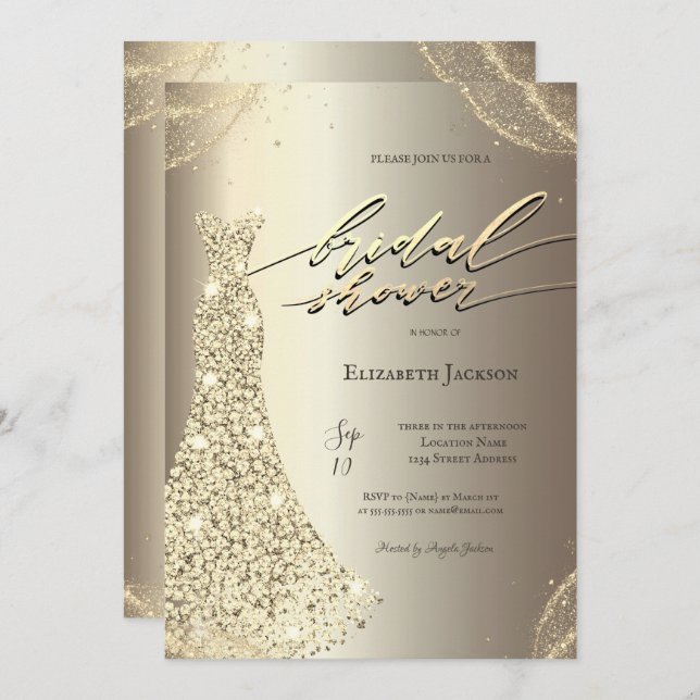 Invitación Elegant Luxury Dress Gold Bridal Shower  (Anverso / Reverso)