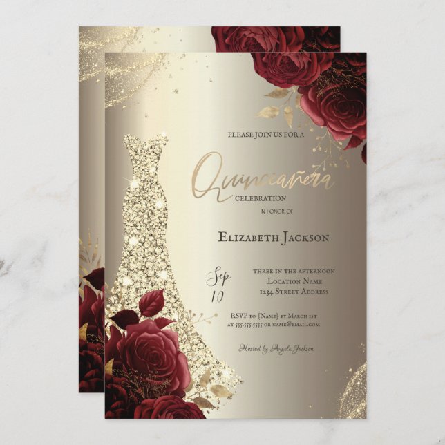 Invitación Elegant Luxury Dress Red Roses Gold Quinceañera (Anverso / Reverso)