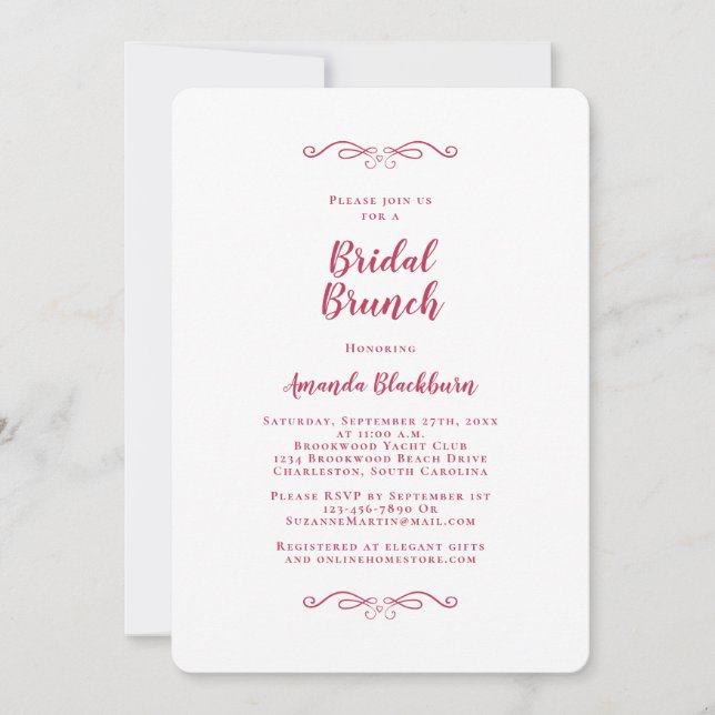 Invitación Elegant Magenta Red Calligraphy Bridal Brunch (Anverso)